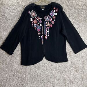 Bob Mackie Wearable Art Cardigan Embroidered Size 1x Black Full‎ Zip